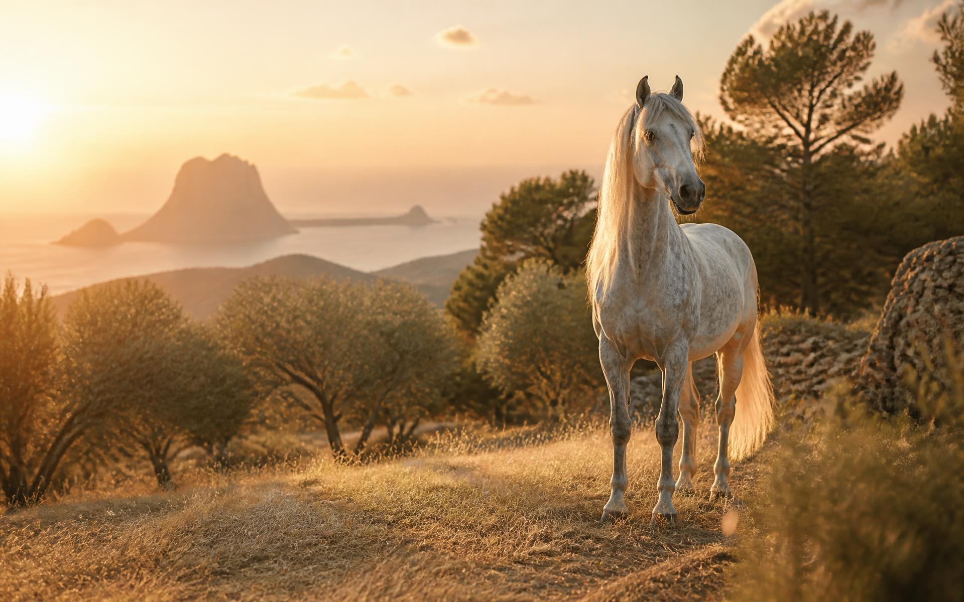 Purebred horse at sunset in the Ibizan countryside
